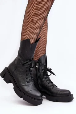 Damskie Skórzane Botki Workery Na Masywnym Płaskim Obcasie Zazoo 976A Czarne