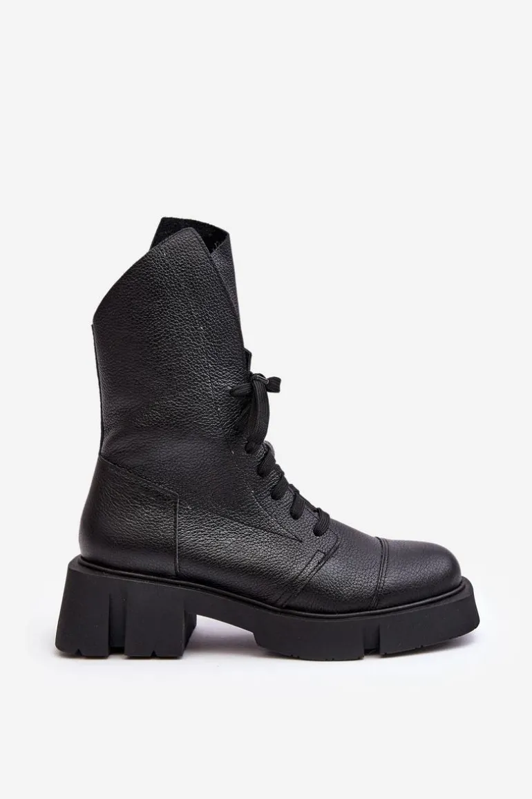 Damskie Skórzane Botki Workery Na Masywnym Płaskim Obcasie Zazoo 976A Czarne