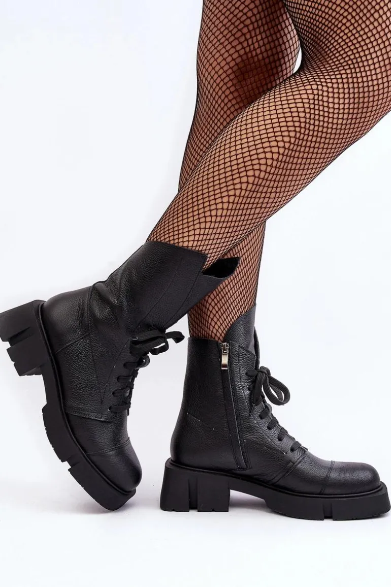 Damskie Skórzane Botki Workery Na Masywnym Płaskim Obcasie Zazoo 976A Czarne