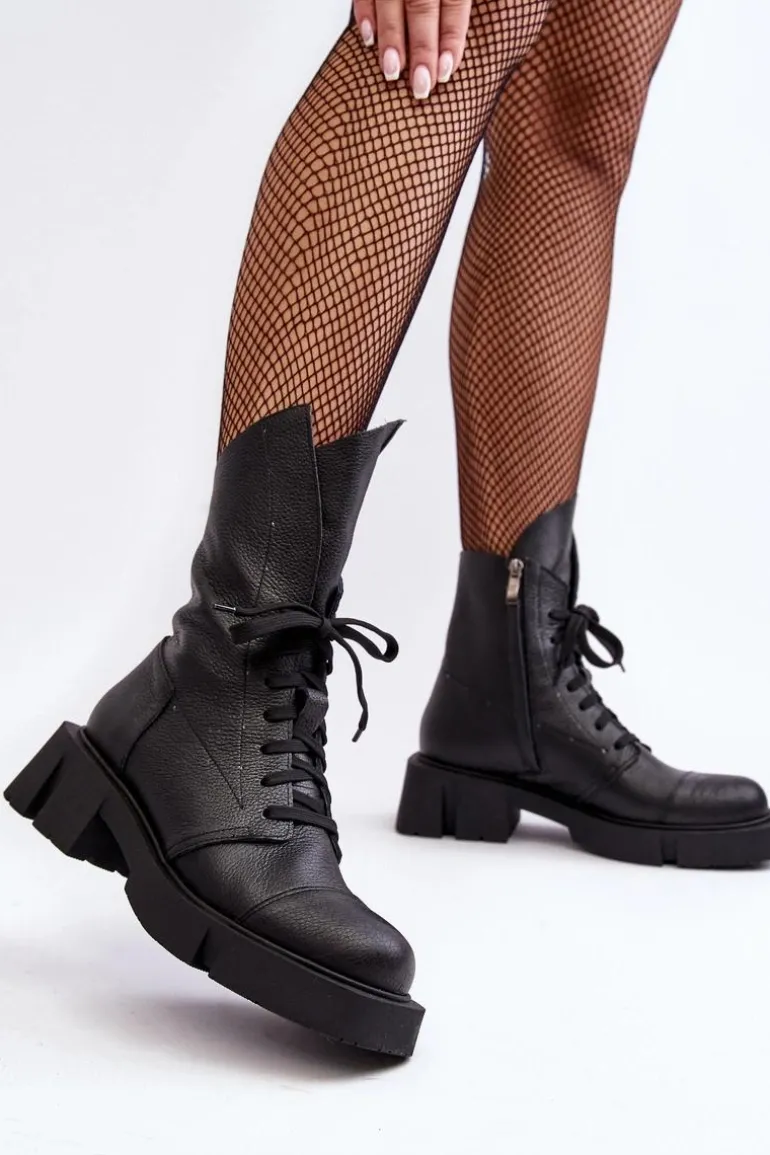 Damskie Skórzane Botki Workery Na Masywnym Płaskim Obcasie Zazoo 976A Czarne