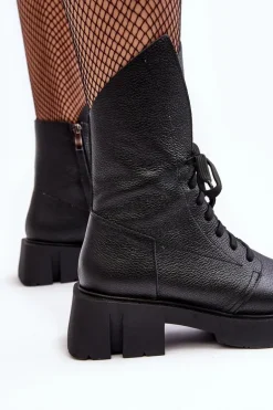 Damskie Skórzane Botki Workery Na Masywnym Płaskim Obcasie Zazoo 976A Czarne