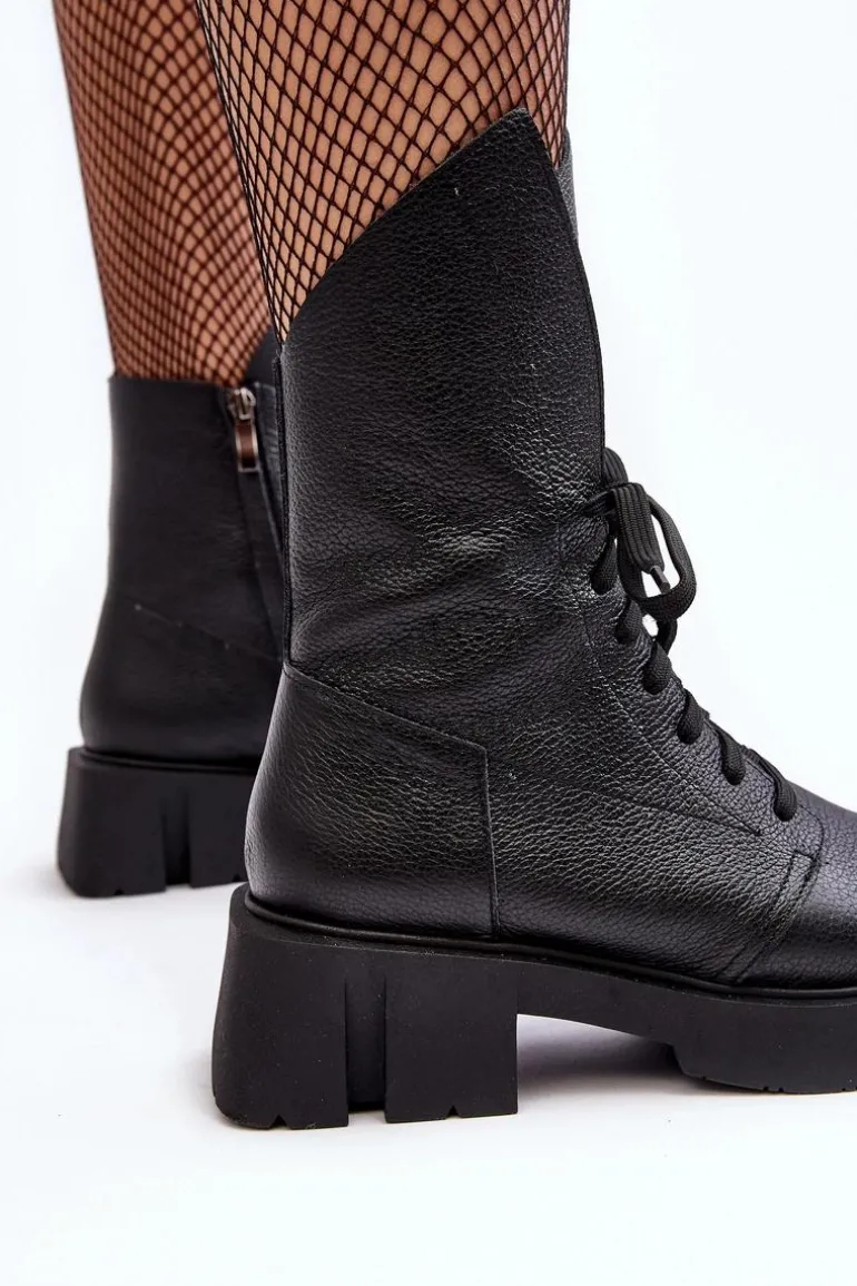 Damskie Skórzane Botki Workery Na Masywnym Płaskim Obcasie Zazoo 976A Czarne