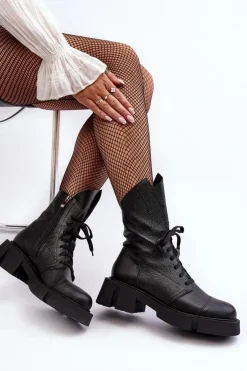 Damskie Skórzane Botki Workery Na Masywnym Płaskim Obcasie Zazoo 976A Czarne