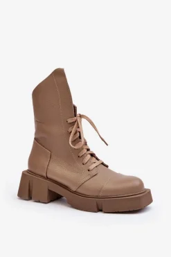 Damskie Skórzane Botki Workery Na Masywnym Płaskim Obcasie Zazoo 976A Ciemnobeżowe