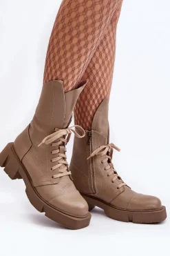 Damskie Skórzane Botki Workery Na Masywnym Płaskim Obcasie Zazoo 976A Ciemnobeżowe