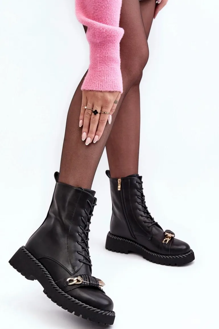 Damskie Skórzane Botki Workery Z Ozdobą Czarne S.Barski MR870-68