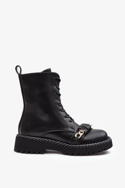 Damskie Skórzane Botki Workery Z Ozdobą Czarne S.Barski MR870-68