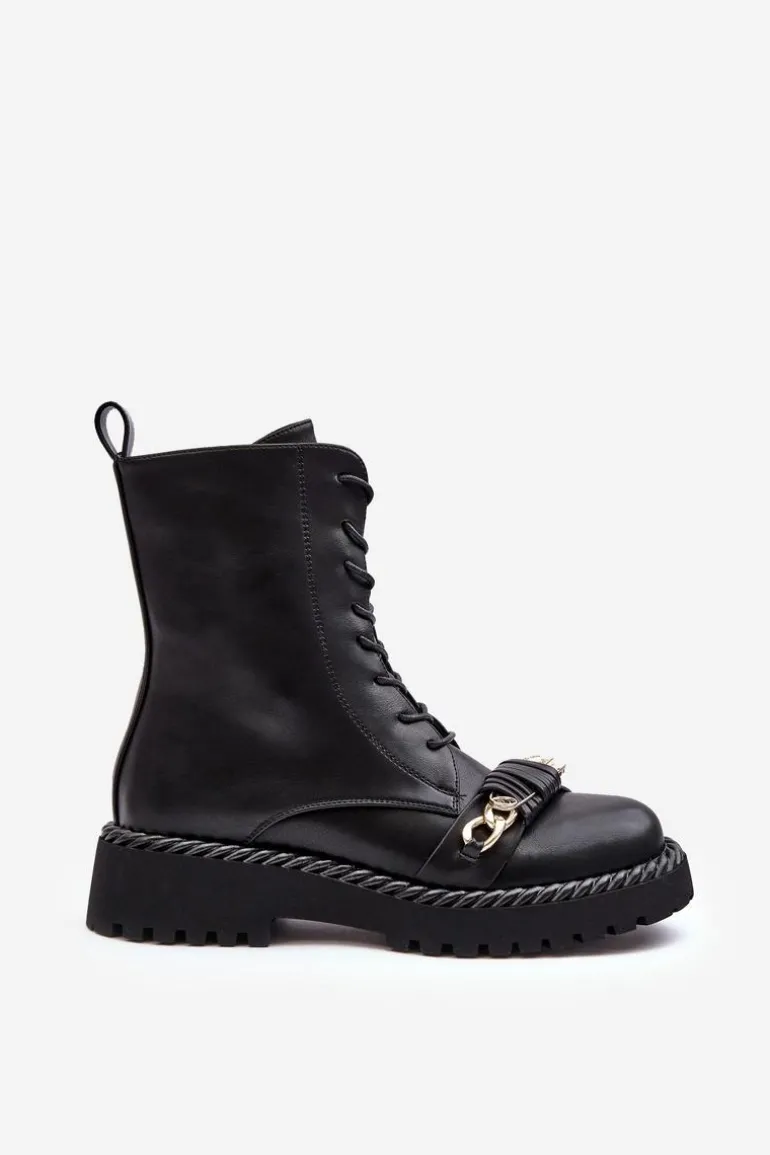 Damskie Skórzane Botki Workery Z Ozdobą Czarne S.Barski MR870-68