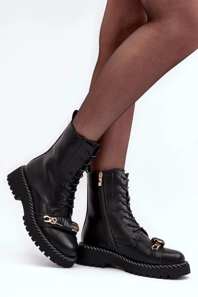 Damskie Skórzane Botki Workery Z Ozdobą Czarne S.Barski MR870-68