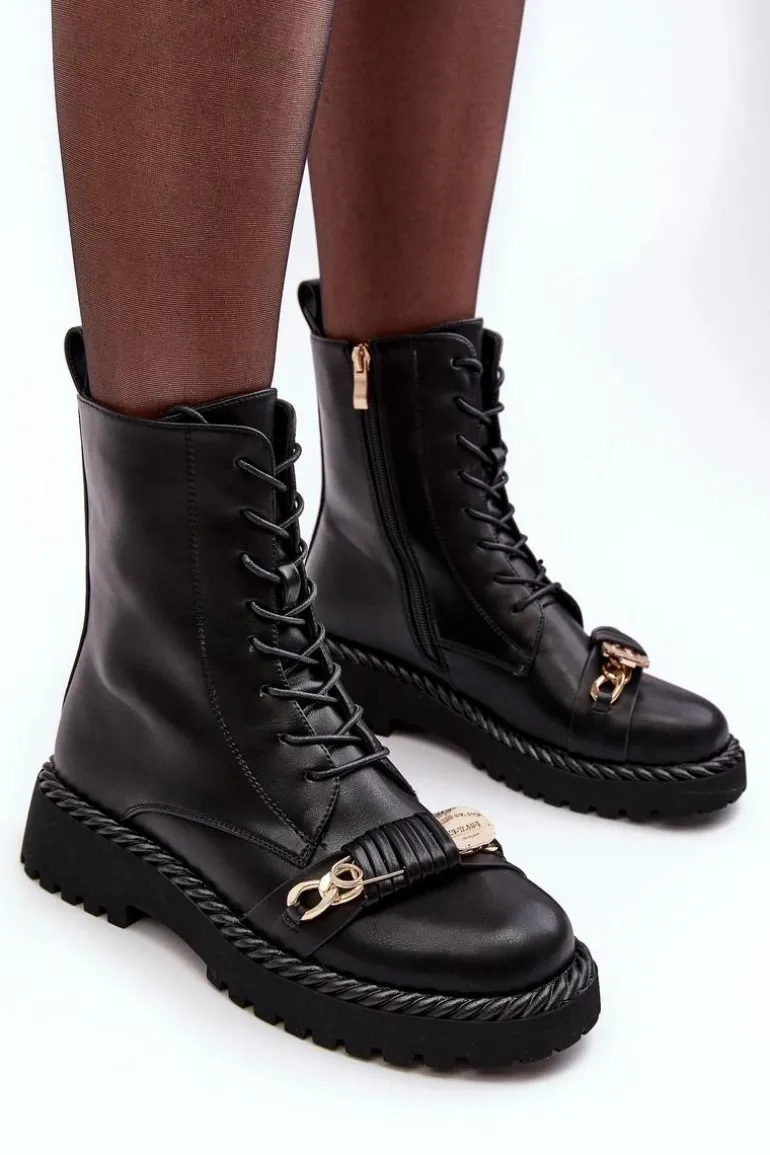 Damskie Skórzane Botki Workery Z Ozdobą Czarne S.Barski MR870-68