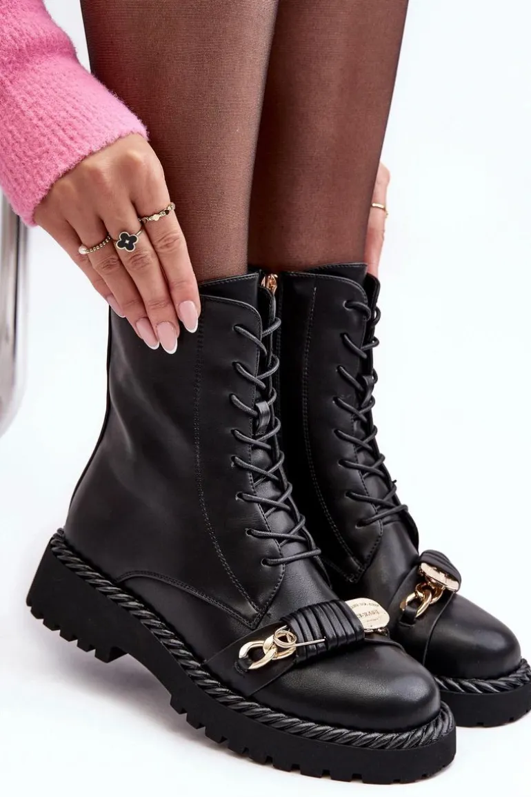 Damskie Skórzane Botki Workery Z Ozdobą Czarne S.Barski MR870-68