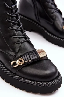 Damskie Skórzane Botki Workery Z Ozdobą Czarne S.Barski MR870-68