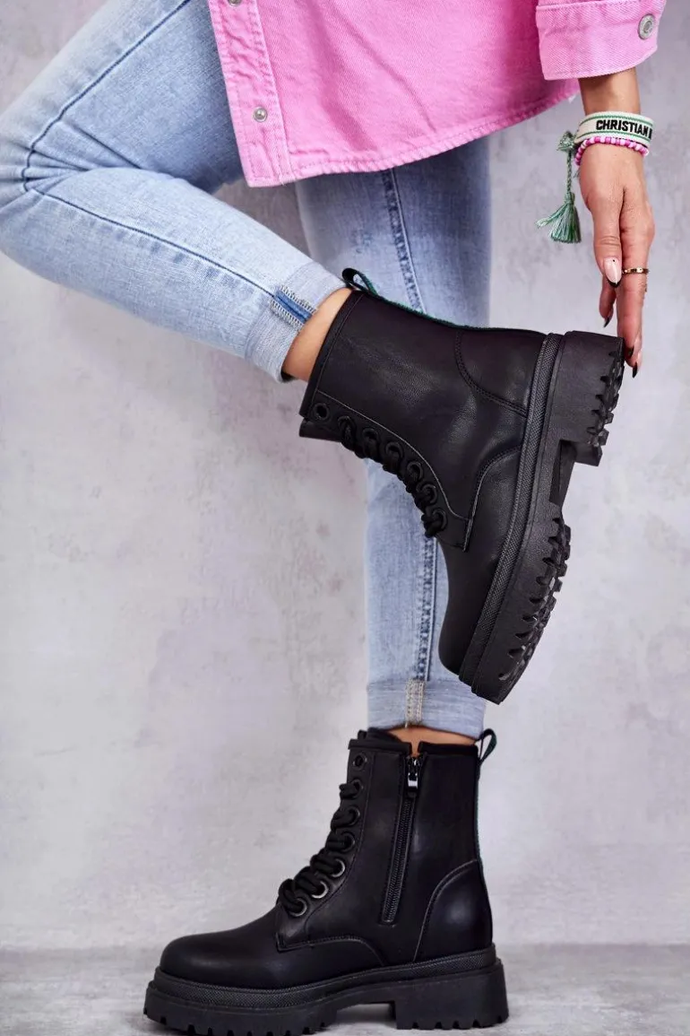 Damskie Skórzane Botki Workery Czarne Denila