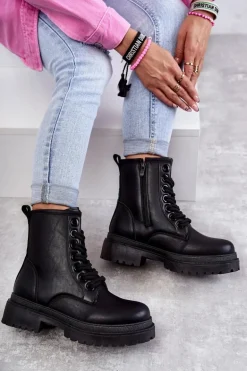 Damskie Skórzane Botki Workery Czarne Denila