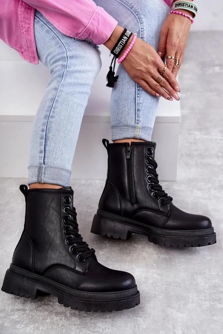 Damskie Skórzane Botki Workery Czarne Denila