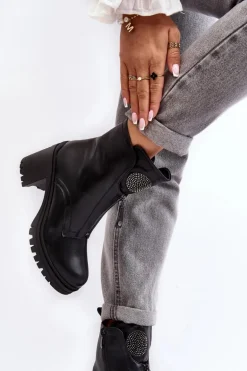 Damskie Skórzane Botki Z Dżetami Czarne Rosie