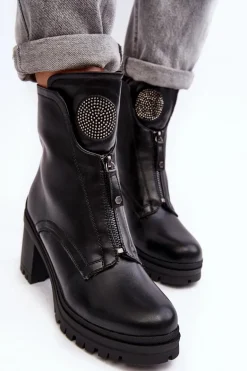 Damskie Skórzane Botki Z Dżetami Czarne Rosie