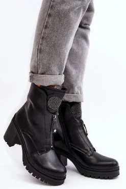 Damskie Skórzane Botki Z Dżetami Czarne Rosie