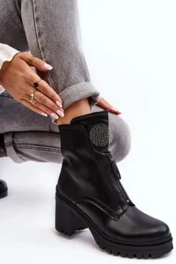 Damskie Skórzane Botki Z Dżetami Czarne Rosie