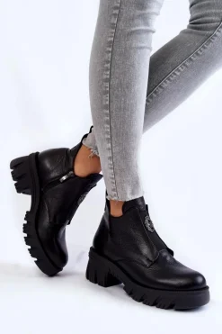 Damskie Skórzane Botki Z Ozdobą Czarne Maley