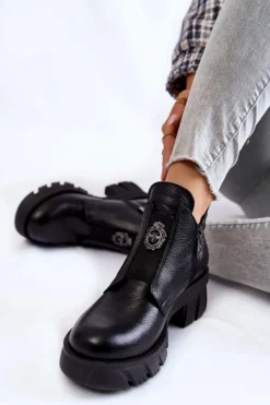 Damskie Skórzane Botki Z Ozdobą Czarne Maley