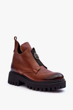 Damskie Skórzane Botki Z Ozdobą Brązowe Lemar Lusanna