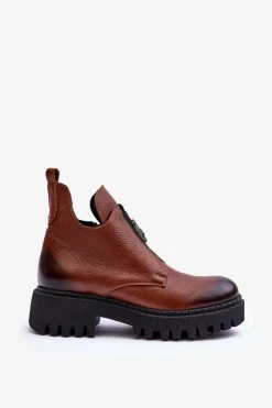 Damskie Skórzane Botki Z Ozdobą Brązowe Lemar Lusanna