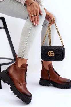 Damskie Skórzane Botki Z Ozdobą Brązowe Lemar Lusanna