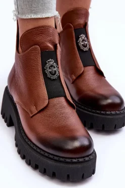 Damskie Skórzane Botki Z Ozdobą Brązowe Lemar Lusanna