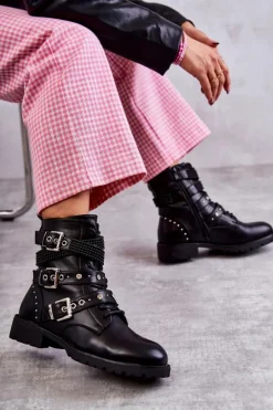 Damskie Skórzane Botki Z Ozdobnymi Paskami Czarne Russo