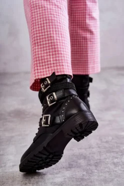 Damskie Skórzane Botki Z Ozdobnymi Paskami Czarne Russo