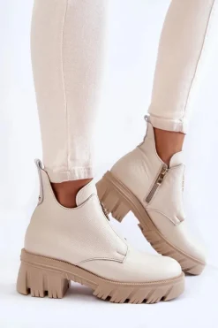 Damskie Skórzane Botki Z Ozdobą Jasnobeżowe Lemar Maley