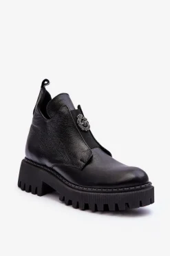 Damskie Skórzane Botki Z Ozdobą Czarne Lemar Lusanna