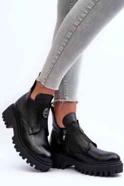 Damskie Skórzane Botki Z Ozdobą Czarne Lemar Lusanna