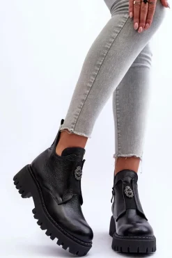 Damskie Skórzane Botki Z Ozdobą Czarne Lemar Lusanna