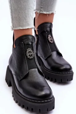 Damskie Skórzane Botki Z Ozdobą Czarne Lemar Lusanna