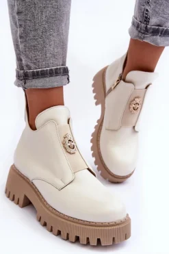 Damskie Skórzane Botki Z Ozdobą Jasnobeżowe Lemar Lusanna