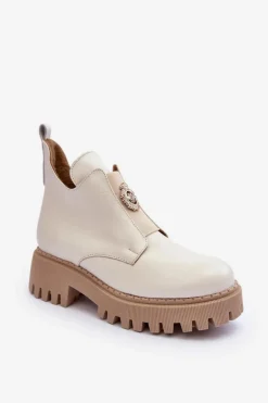 Damskie Skórzane Botki Z Ozdobą Jasnobeżowe Lemar Lusanna