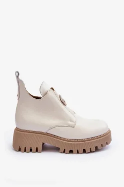 Damskie Skórzane Botki Z Ozdobą Jasnobeżowe Lemar Lusanna