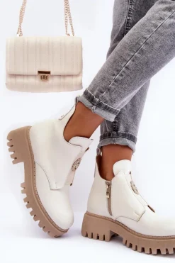 Damskie Skórzane Botki Z Ozdobą Jasnobeżowe Lemar Lusanna