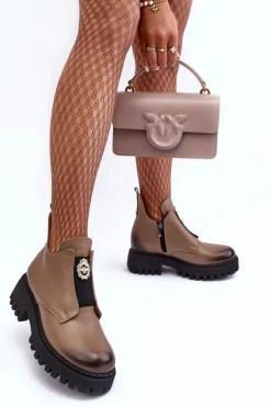 Damskie Skórzane Botki Z Ozdobą Beżowe Lemar Lusanna