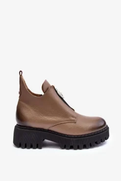 Damskie Skórzane Botki Z Ozdobą Beżowe Lemar Lusanna