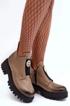 Damskie Skórzane Botki Z Ozdobą Beżowe Lemar Lusanna