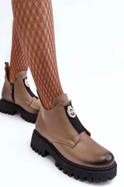 Damskie Skórzane Botki Z Ozdobą Beżowe Lemar Lusanna