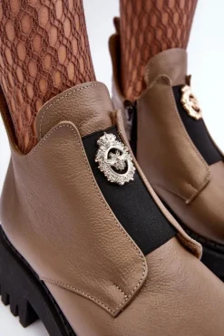 Damskie Skórzane Botki Z Ozdobą Beżowe Lemar Lusanna