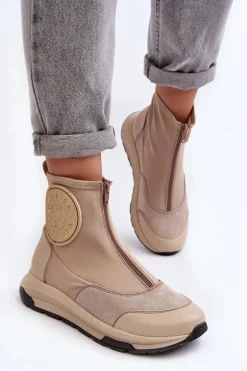 Damskie Skórzane Botki Z Suwakiem Maciejka 06297-22 Beżowe