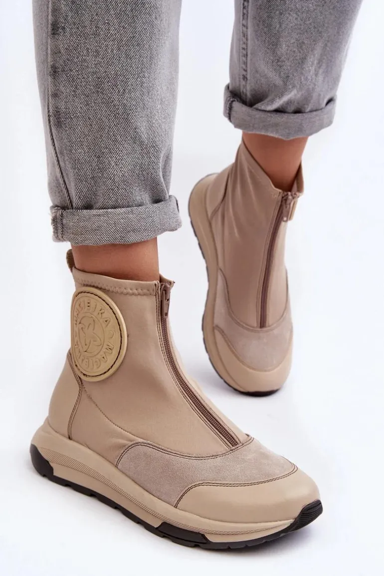 Damskie Skórzane Botki Z Suwakiem Maciejka 06297-22 Beżowe