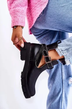 Damskie Skórzane Botki Z Ćwiekami Czarne Clares