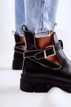 Damskie Skórzane Botki Z Ćwiekami Czarne Clares