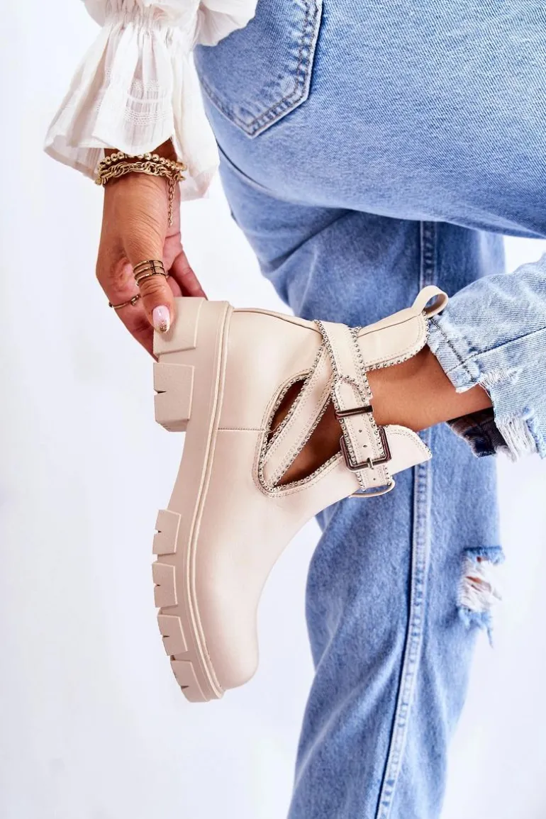 Damskie Skórzane Botki Z Ćwiekami Beżowe Clares